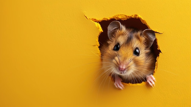 Cute hamster peeks out of hole in vibrant yellow background Playful and curious rodent in vivid colors Ideal for pets animal or playfulthemed stock images and marketing materials AI