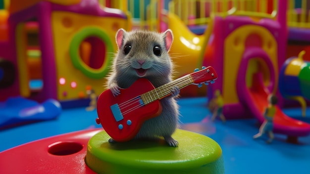 Photo cute hamster playing guitar in a colorful playground a small hamster with a big smile plays a