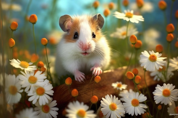 Cute hamster rat in a chamomile floral meadow ai generative