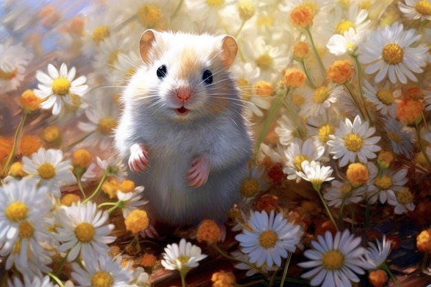 Cute hamster rat in a chamomile floral meadow ai generative