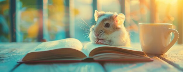 Photo cute hamster reading a book with a coffee cup in a cozy setting warm lighting adds to the charming and tranquil ambiance