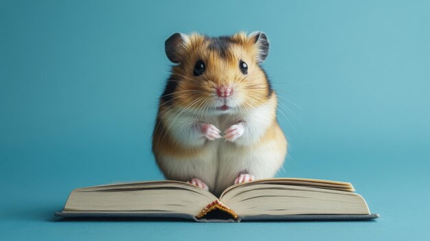 Photo a cute hamster sits on an open book on a blue background