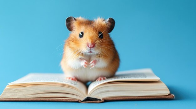 Photo a cute hamster sits on an open book on a blue background