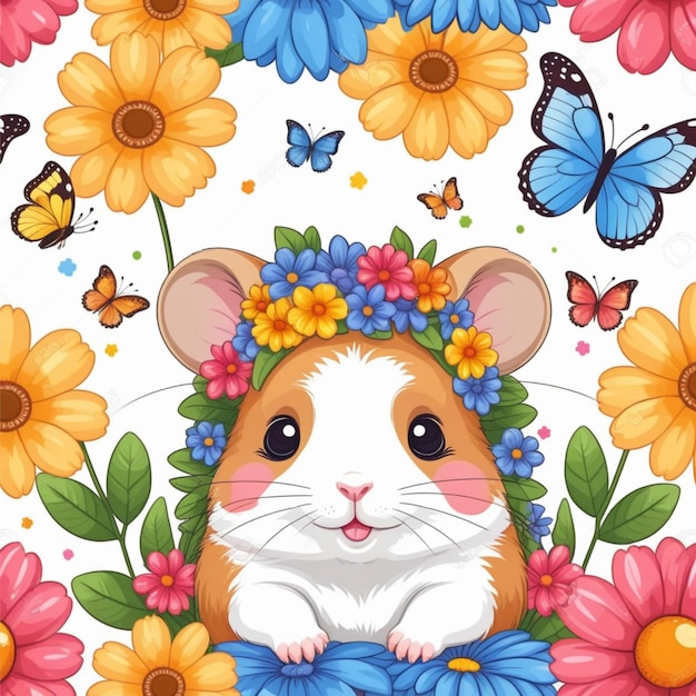 Photo a cute hamster vector is sitting in a rainbow with butterflies