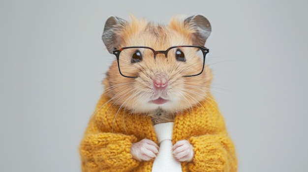 Photo a cute hamster wearing glasses and a yellow sweater looks whimsically at the camera