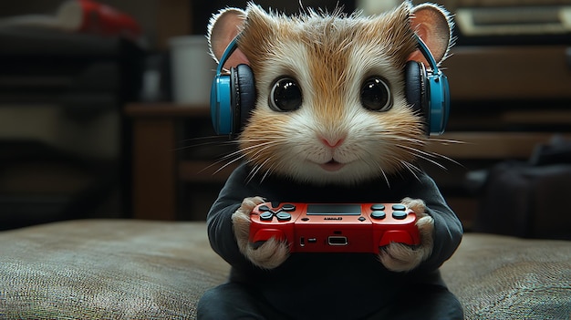 Photo a cute hamster wearing headphones and holding a red game controller