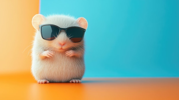 Photo a cute hamster wearing sunglasses isolated on an orange and blue background with copy space