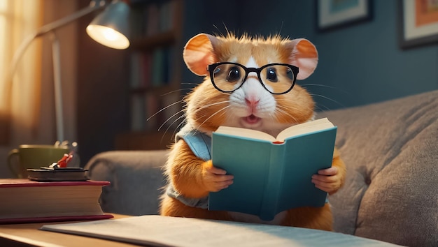 Photo cute hamster with a book in the room