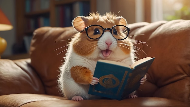 Photo cute hamster with a book in the room