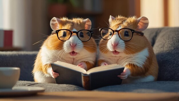 Photo cute hamster with a book in the room