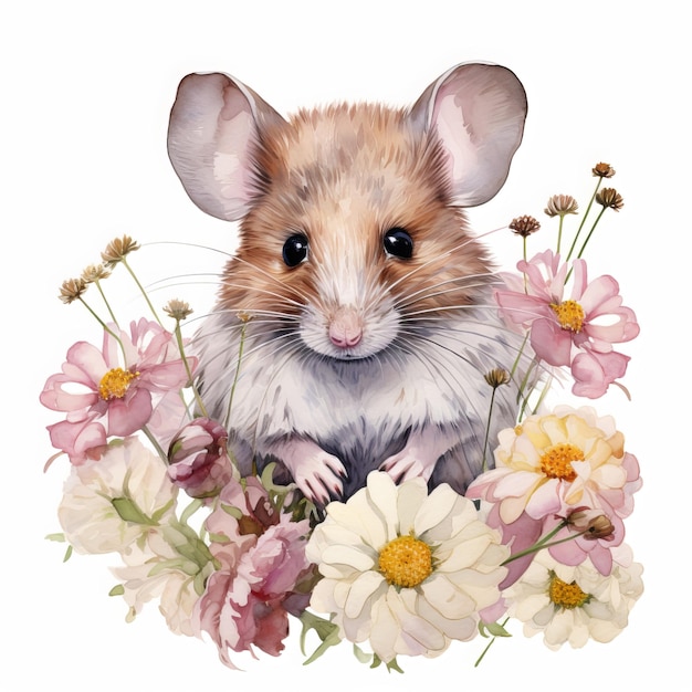 Cute hamster with flowers watercolor illustration on white background