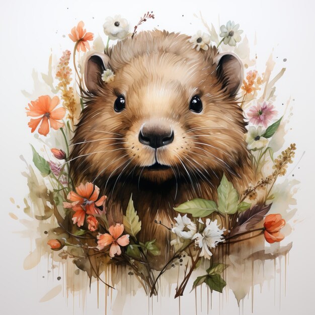 Cute hamster with flowers in watercolor style Hand drawn illustration