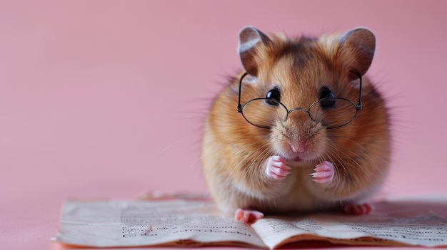 Photo cute hamster with glasses reading a book on pink background