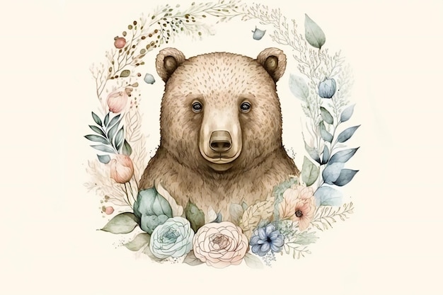 Cute hand drawn bear in floral wreath flowers bouquet vintage style