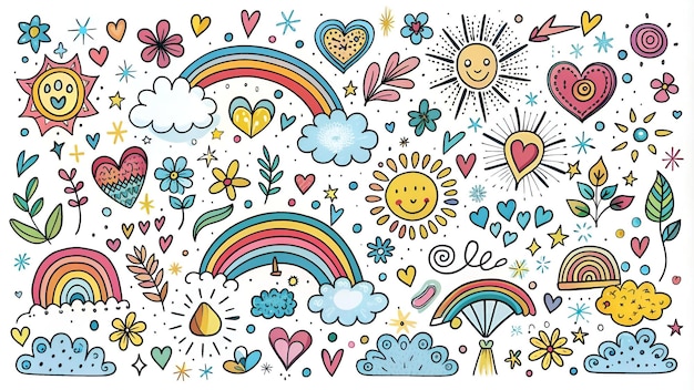 cute hand drawn doodle vector set love Natural firework cloud weather rainbow snow heart an