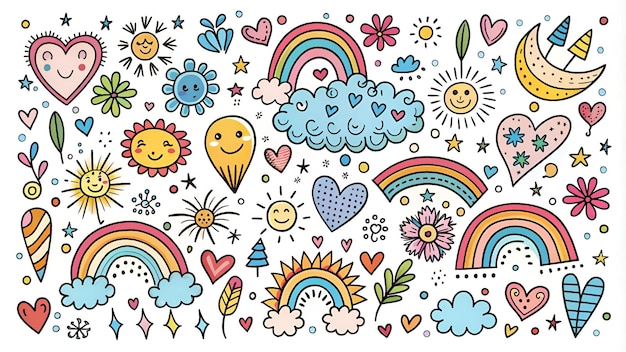 cute hand drawn doodle vector set love Natural firework cloud weather rainbow snow heart an