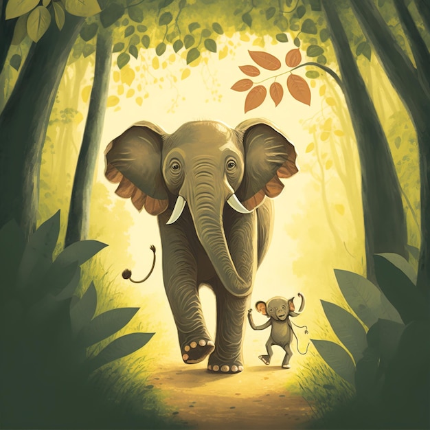 Cute hand drawn illustration of a cartoon elephant that can be used for a children's picture book