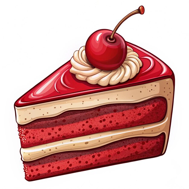 Photo cute hand drawn red velvet cake slice with cherry pastry sweet food dessert cartoon vector illustration isolated on white background