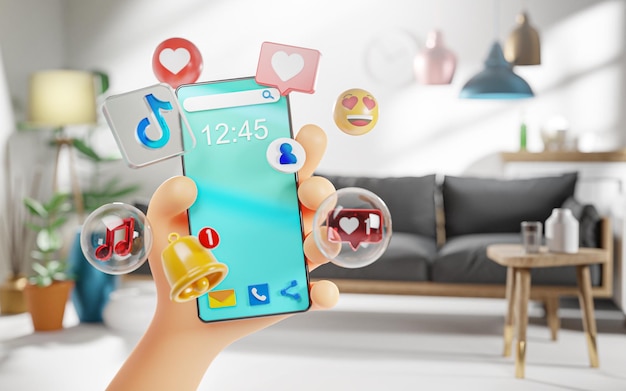 Cute Hand Holding Smart Phone Tik Tok Icons in Living Room Future Modern Life Concept 3D Render