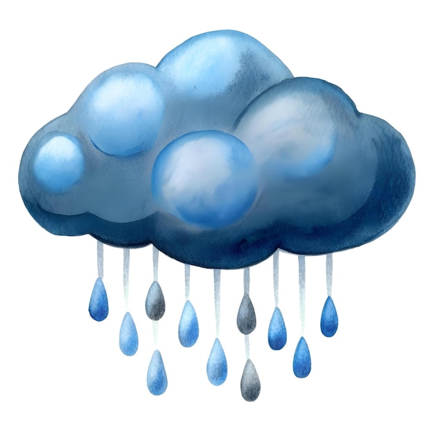 Photo cute hand painted watercolor illustration of a rain cloud with raindrops