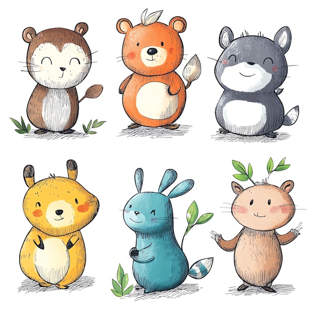 Photo cute handdrawn cartoon animals with nature elements colorful adorable characters for childrens book