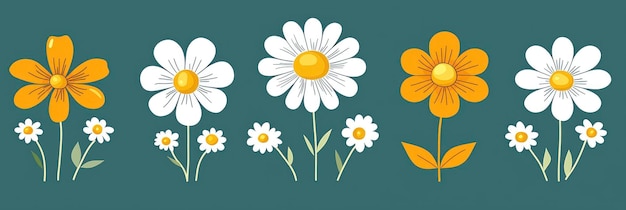 Photo cute handdrawn floral elements white and yellow daisies