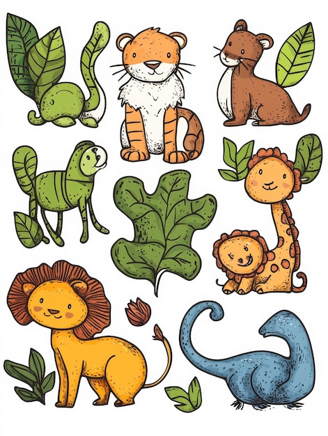 Cute HandDrawn Jungle Animals with Green Leaves