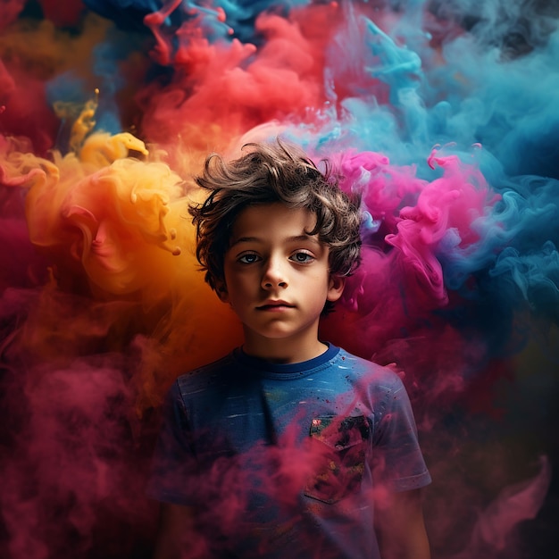 A cute handsome boy in colorful smoke background