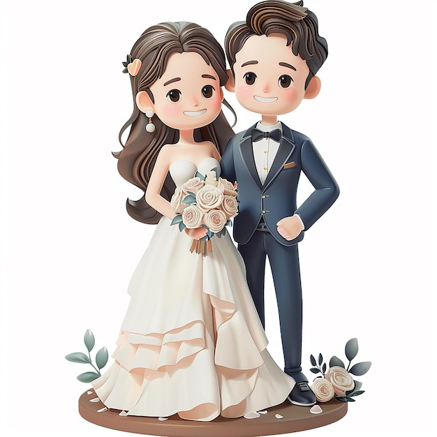 A Cute and Happy 2D Cartoon Bride and Groom