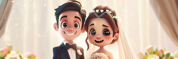 A Cute and Happy 2D Cartoon Bride and Groom