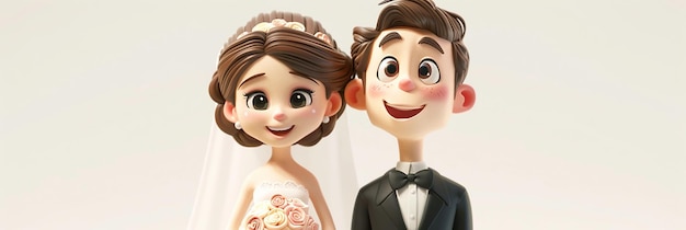 A Cute and Happy 2D Cartoon Bride and Groom