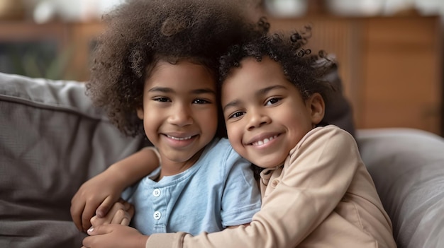 Cute and happy African American siblings hugging and cuddling feeling love and connection