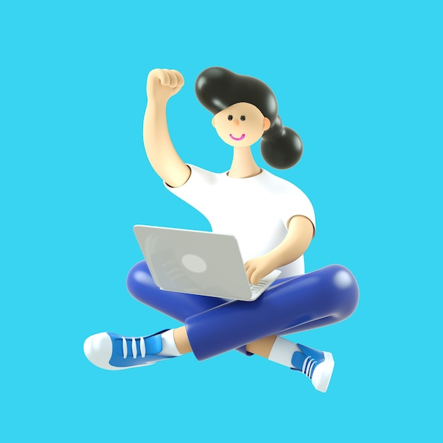 Cute happy cartoon girl with a laptop on a blue background. Education and learning concept.3d render