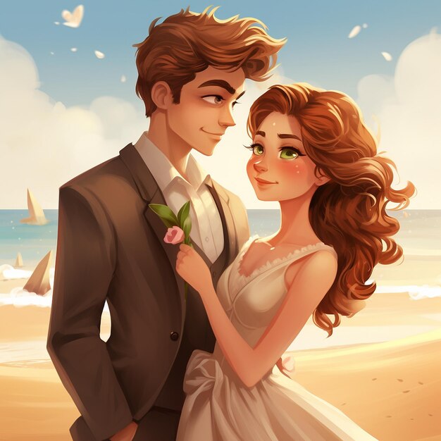 Cute happy cartoon married on a beach