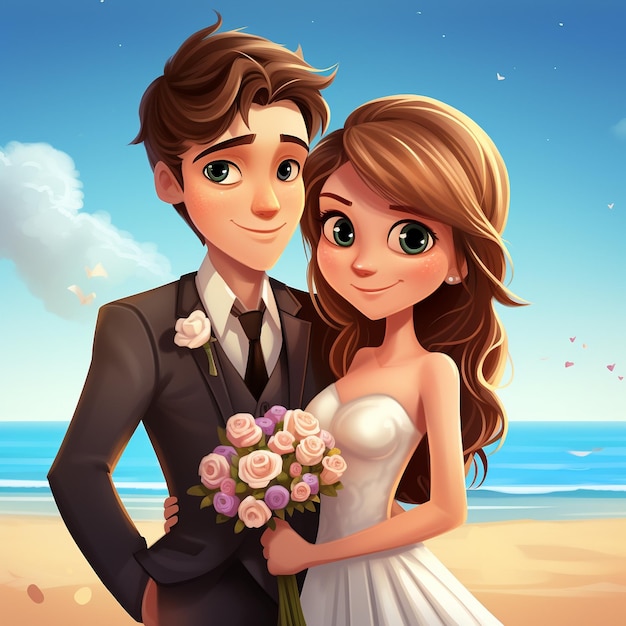 Cute happy cartoon married on a beach