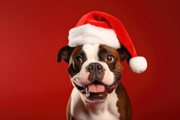 cute happy dog wearing santa hat on red background AI Generated