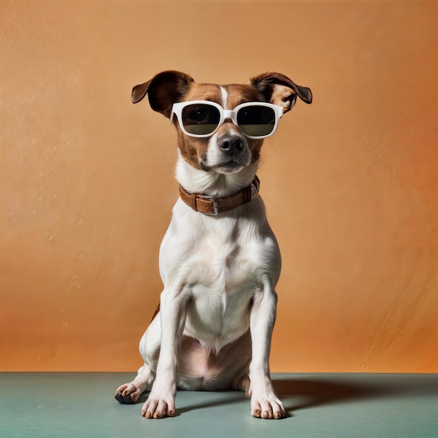 A cute happy dog with sunglasses