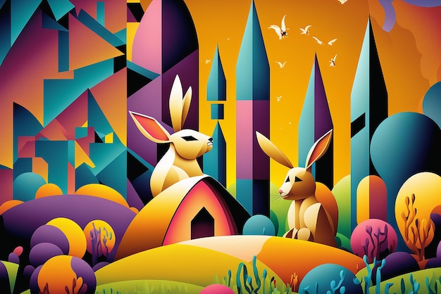 Cute Happy Easter in Cubism Style Illustration Generative AI