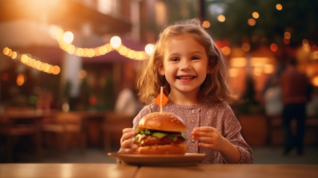 Cute happy girl 7 years old with a burger blur cafe background