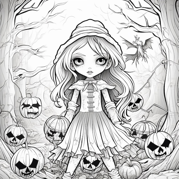 Cute happy girl halloween adult coloring book pages AI Generated art