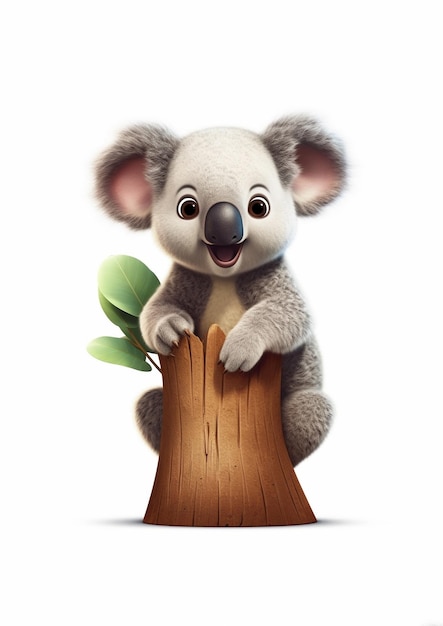 Photo cute happy koala sitting on tree stump cartoon isolated on white background illustration animation