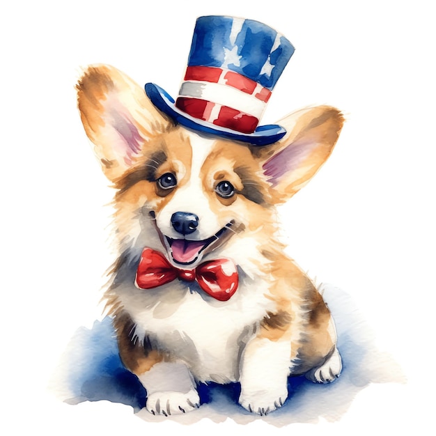 A cute happy little dog wearing an Uncle Sam hat with the USA Flag in Digital art happy July 4th