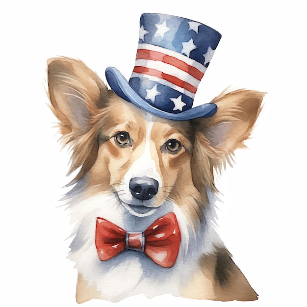 A cute happy little dog wearing an Uncle Sam hat with the USA Flag in Digital art