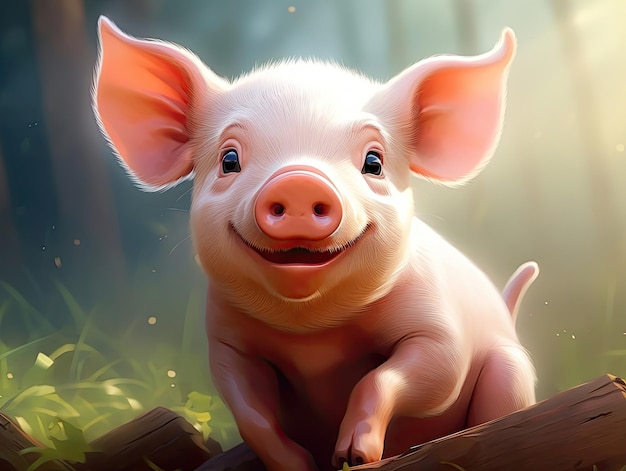 A cute and happy pig with eyes wide open in cartoon style