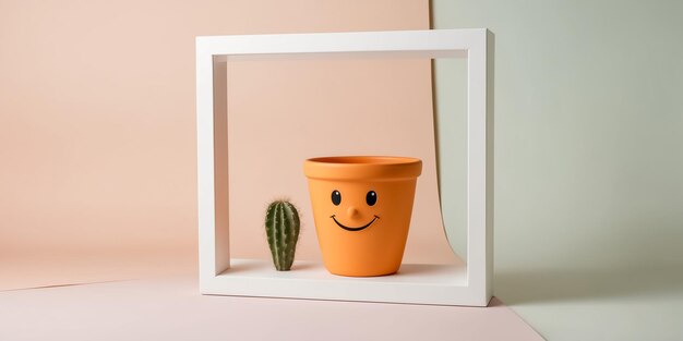 Photo cute happy pot with cactus