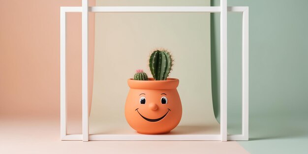 Photo cute happy pot with cactus