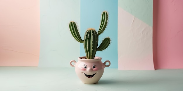 cute happy pot with cactus