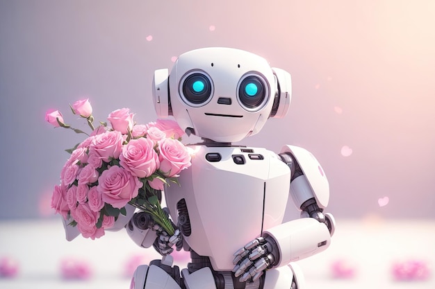 a cute happy robot is holding a bouquet of pink flowers ai generative