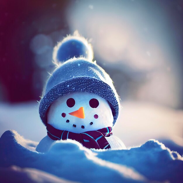 Cute happy snowman toy on winter background