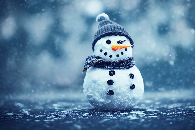 Cute happy snowman toy on winter background